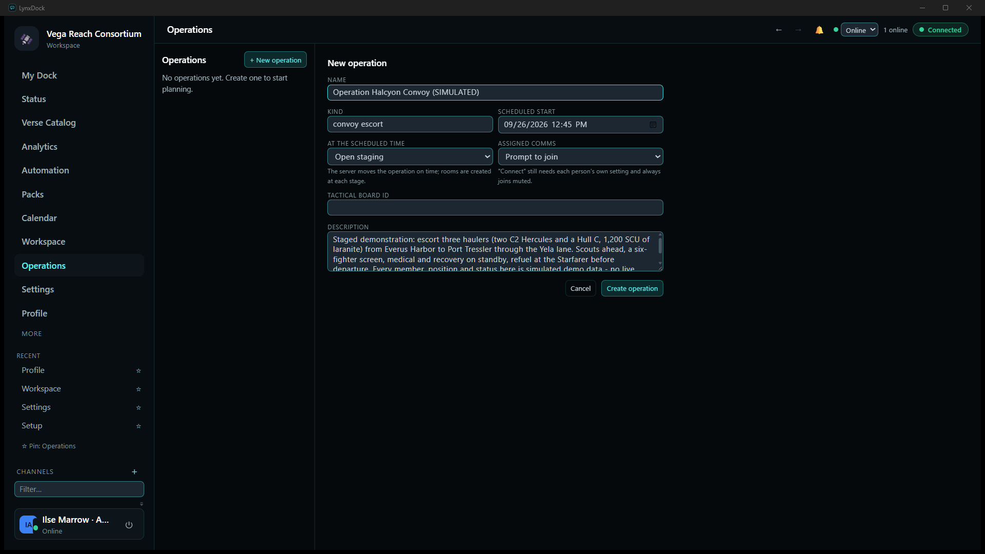 The New operation form filled in: name, kind convoy escort, scheduled start 09/26/2026 12:45 PM, Open staging at the scheduled time, Prompt to join for assigned comms, an empty tactical board ID and a description