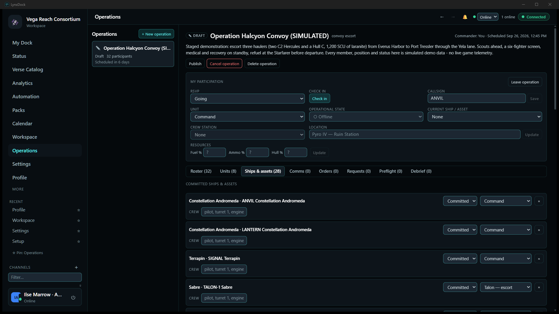 Ships & assets tab listing committed ships with crew tags, a Committed state selector and a unit selector per row