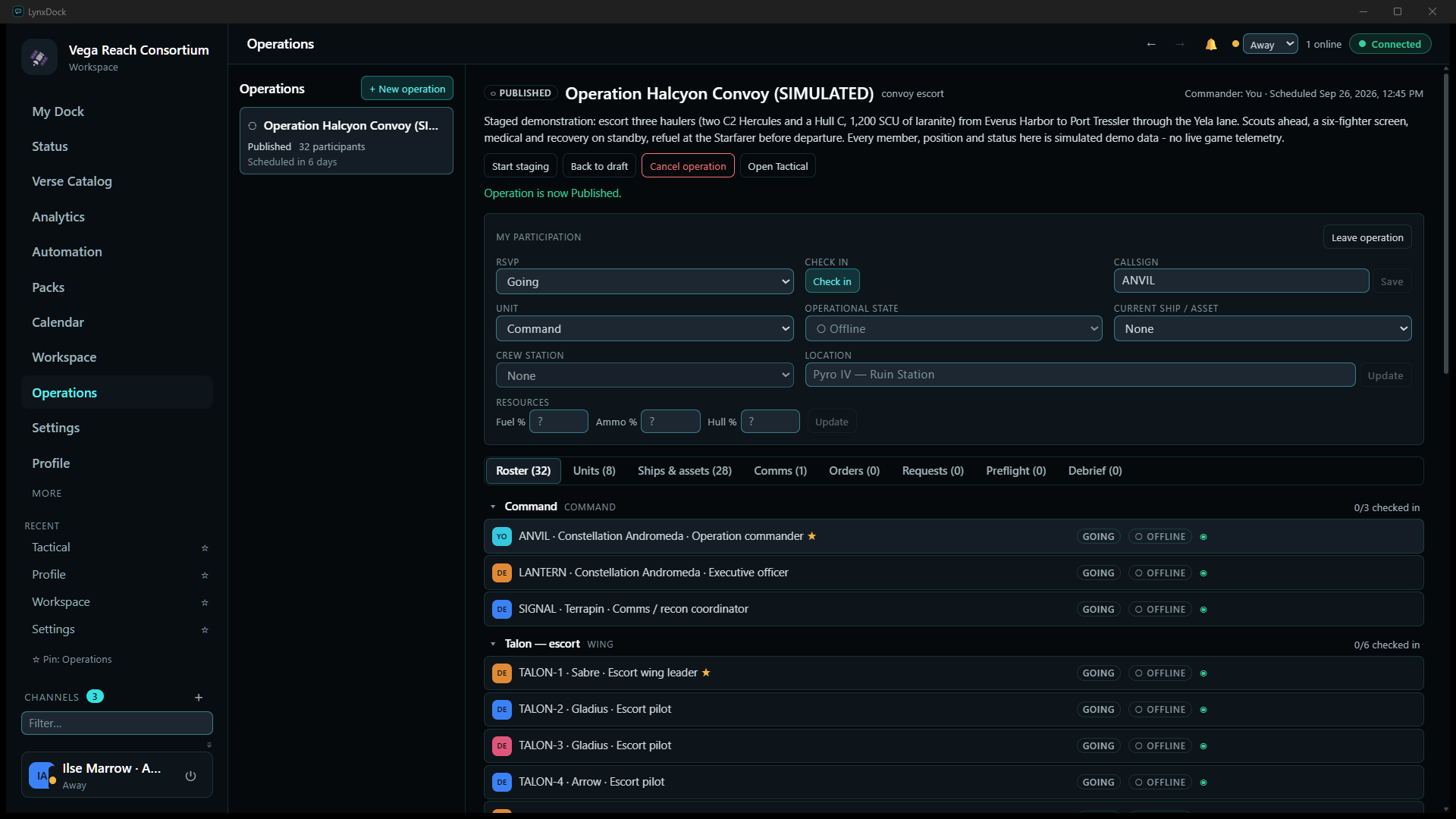 The operation after Publish: PUBLISHED badge, Start staging / Back to draft / Cancel operation / Open Tactical buttons and the message Operation is now Published