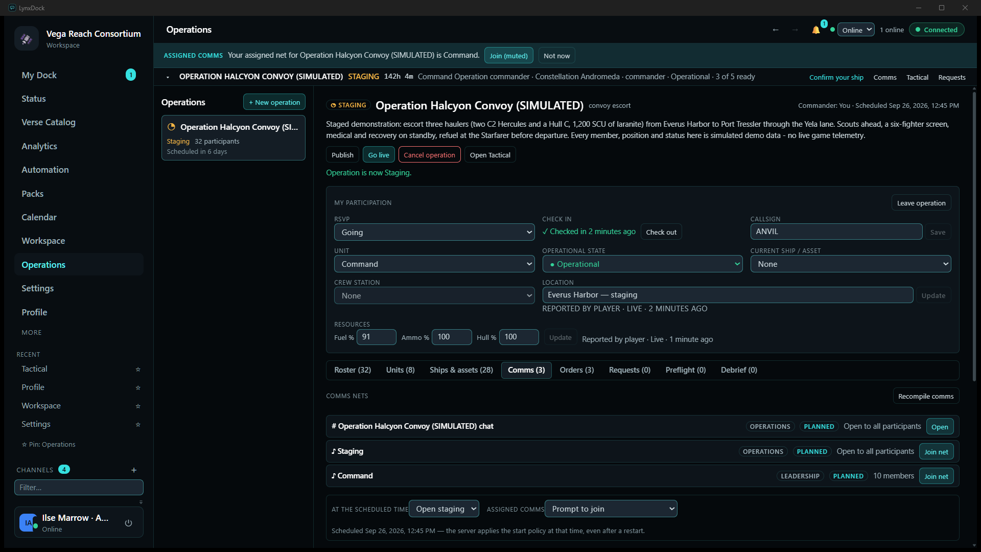 Comms tab once staging: three comms nets — the operation chat (Open), Staging (Join net, open to all participants) and Command (Join net, leadership, 10 members) — with a Recompile comms button and the room plan below