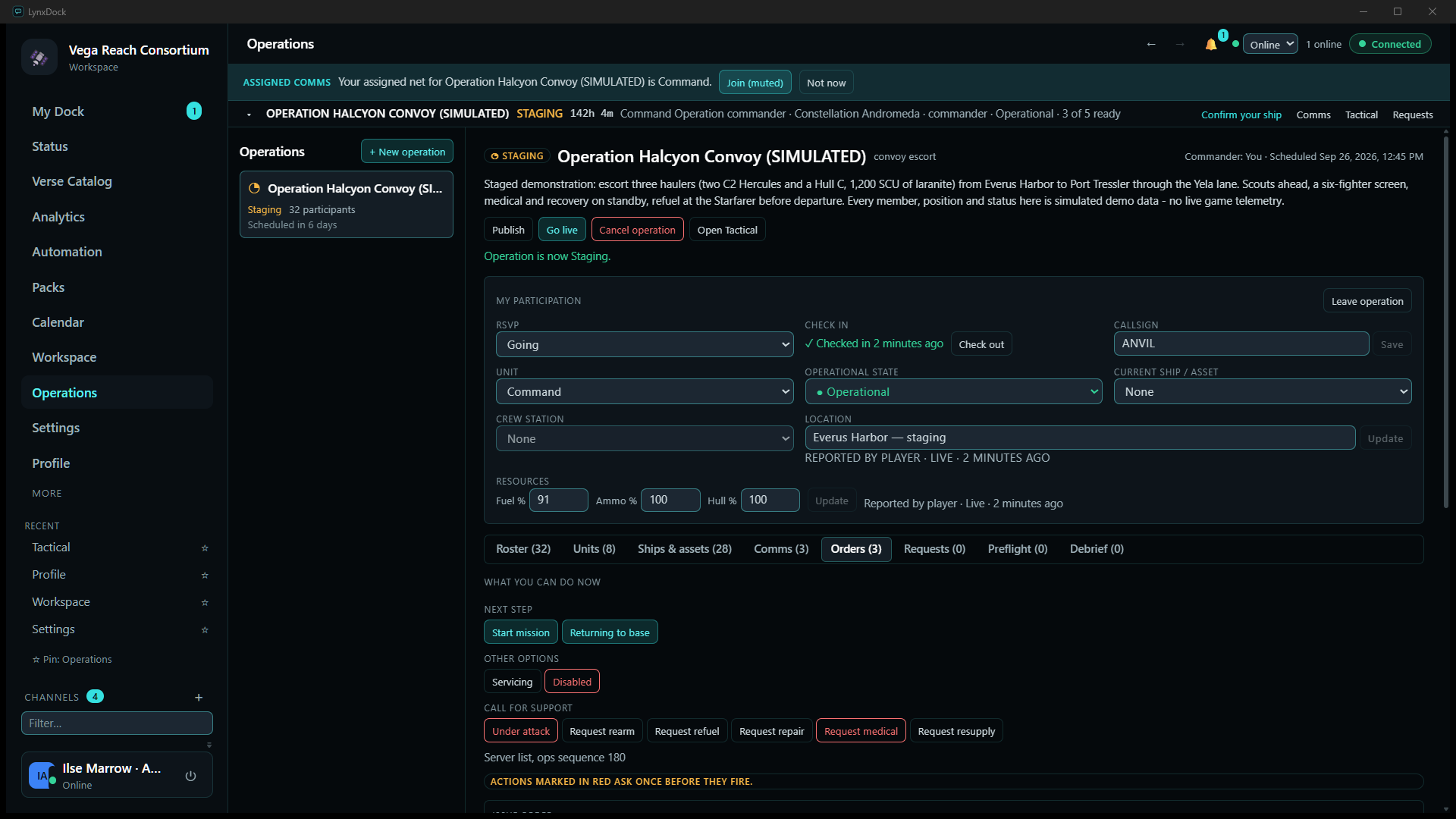 The commander's Orders tab: the What you can do now deck with Next step (Start mission, Returning to base), Other options (Servicing, Disabled) and Call for support buttons, with the note that actions marked in red ask once before they fire