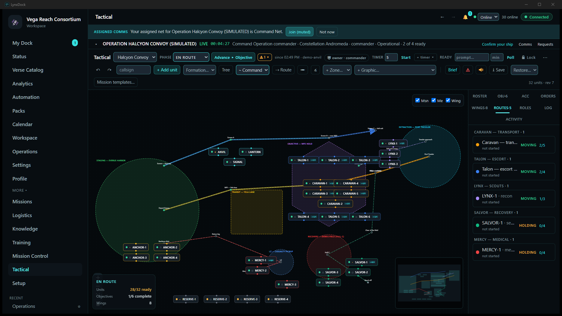 The live tactical board with the Routes panel open: Caravan moving 2/5, Talon moving 2/4, LYNX-1 moving 1/3, SALVOR-1 holding 0/4, MERCY-1 holding 0/4