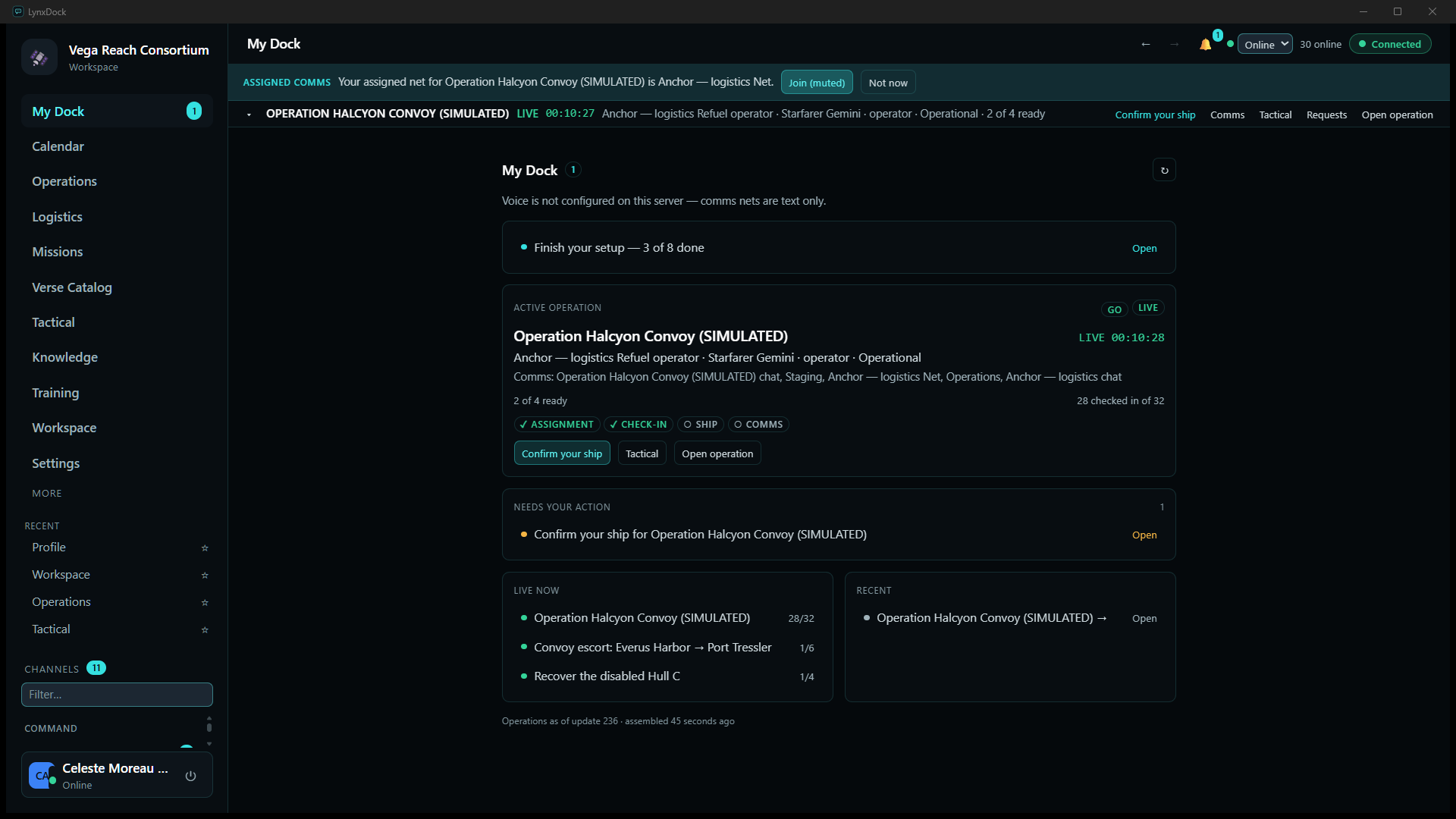 ANCHOR-2's My Dock: the assigned Anchor — logistics net, the active operation card with 2 of 4 ready, and Live now listing the operation, the convoy escort mission and the Hull C recovery mission