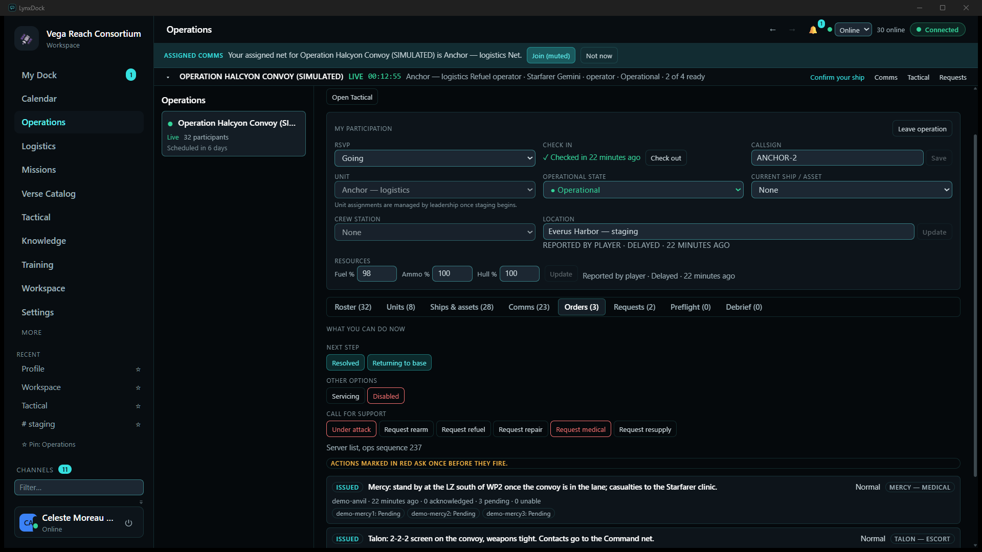 ANCHOR-2's Orders tab deck while handling the request: Next step Resolved / Returning to base, Other options Servicing / Disabled, Call for support row