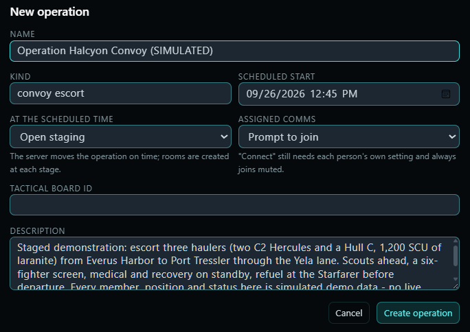 Close-up of the New operation form fields and the Cancel / Create operation buttons
