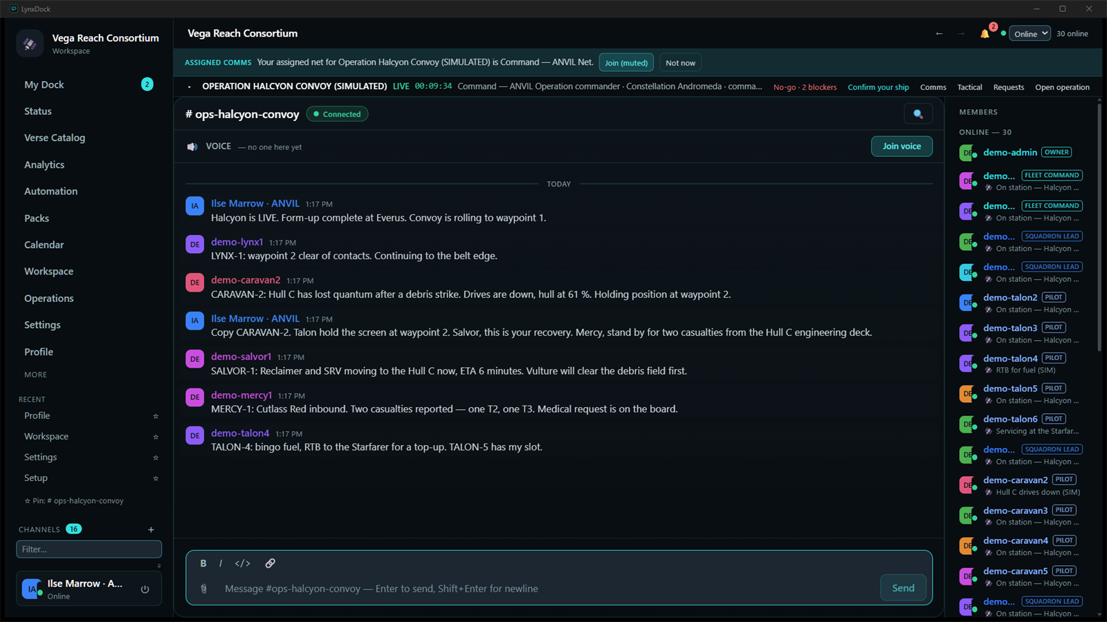 The operation's text channel with a staged mission conversation and the member list showing 30 members online with role badges and custom statuses