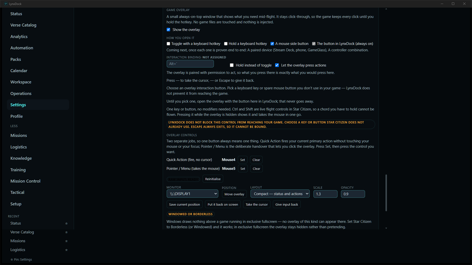 Settings → Game overlay: activation sources, the interaction binding, Quick Action and Pointer/Menu controls, monitor, position, layout, scale and opacity